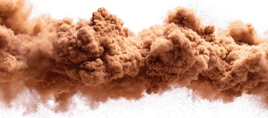 A wide shot of a cloud of light brown, diffused smoke or dust against a pure white background.  It has a textured, fluffy appearance