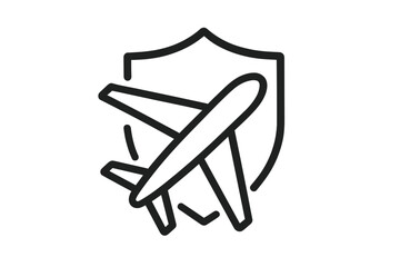Travel insurance concept vector icon. Airplane with shield symbol for flight protection, safe journey guarantee, and aviation security. Air travel safety and assurance logo.
