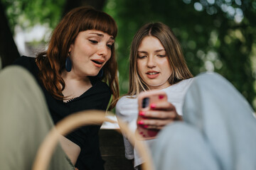 Two female friends are seated outdoors in a park, sharing moments while using a smartphone. They exhibit expressions of enjoyment, connection, and curiosity, portraying the essence of friendship.