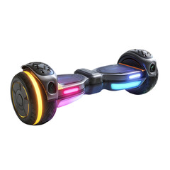 Futuristic hoverboard with colorful led lights isolated on transparent background
