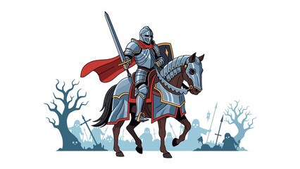 Medieval Knight in Armor: A valiant knight in shining armor, astride a majestic horse, stands ready for battle, his sword held high against a backdrop of ancient warriors and a foreboding landscape. © abidakhatun