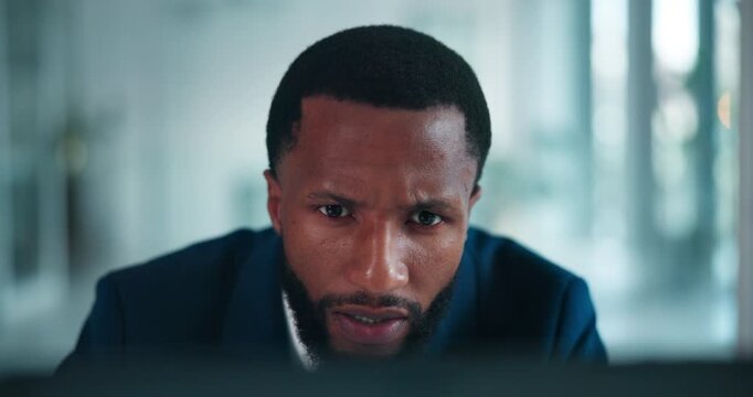 Confused, business or black man in office with tech, reading report or shock for finance invoice. Feedback, review email or person with digital document, thinking or surprise for online communication