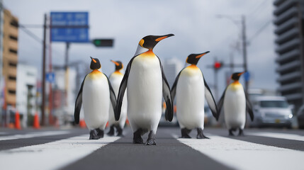 Obraz premium Penguins Crossing City Street / 都会の横断歩道を渡るペンギンたち