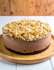Chocolate almond cheesecake on wooden platter