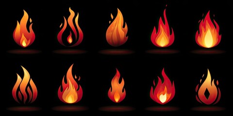 Collection of flames isolated on black background