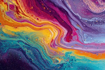 Abstract fluid art acrylic paint pour medium background wallpaper backdrop. Colorful swirling colors, purple, blue, orange, red, green, artistic composition with copy space