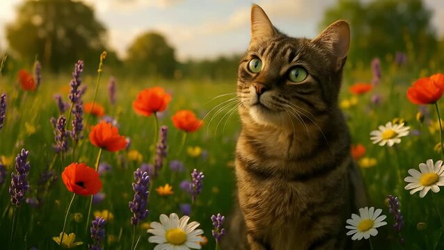 A beautiful&nbsp;tabby cat&nbsp;with striking green eyes, set against a vibrant backdrop of wildflowers in a meadow slow motion animation, 4k