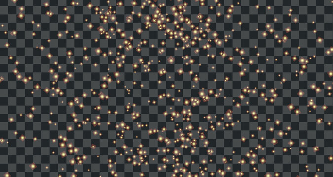 Festive background with gold glitter and fireflies. Border vector background with shining gold particles emphasizes elegance and contrast. Abstract stardust creates a sparkling decorative atmosphere.