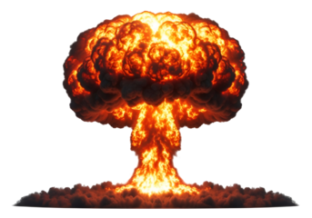 Powerful atomic explosion, with vivid orange flames erupting from a dense cloud of dark smoke, against a stark black background.