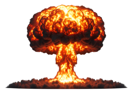 Powerful atomic explosion, with vivid orange flames erupting from a dense cloud of dark smoke, against a stark black background.