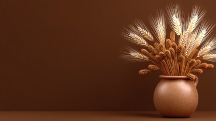 A 3D illustration showcasing autumn wheat leaves placed in a vase on a brown background, highlighting the natural shape of the wheat leaves and the simplicity and freshness of the minimalist design.