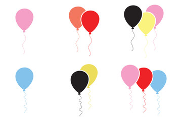 Obraz premium Balloon in cartoon style. Bunch of balloons for birthday and party. Flying ballon with rope. Blue, red, yellow and green ball isolated on white background. Flat icon for celebrate and carnival.