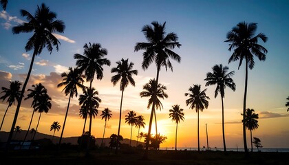 Obraz premium Palm silhouettes at sunset with warm hues and clouds in a blue-to-orange gradient sky