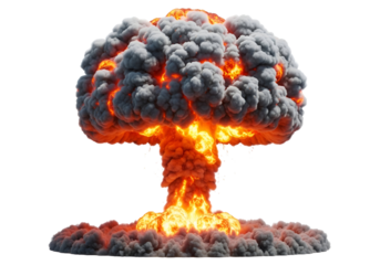 A dramatic illustration of a powerful explosion, highlighted by billowing, dark gray smoke and intense, fiery orange flames against a stark black background.