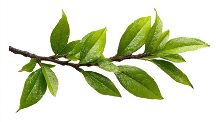 Fototapeta premium Close-up of a branch with fresh, vibrant green leaves. The leaves are slightly oval-shaped and appear dewy, set against a white background.
