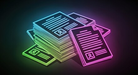 Vibrant neon documents stacked high, representing data, applications, and career opportunities in a modern digital world.