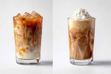 Two iced caramel drinks, side-by-side.  One with dripping caramel, the other with whipped cream.  Both in clear glasses