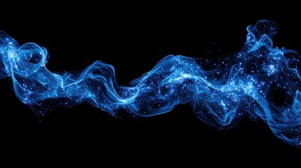 Obraz premium Abstract blue smoke with glowing particles on dark black background, resembling starry sky or cosmic nebula, mysterious night atmosphere for fantasy design, space concept, and surreal illustration.