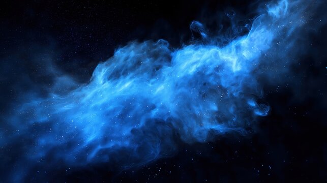 Abstract blue smoke with glowing particles on dark black background, resembling starry sky or cosmic nebula, mysterious night atmosphere for fantasy design, space concept, and surreal illustration.