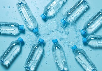 Bottles water drops-Plastic water bottles scattered with water splashes. Ideal for ecofriendly, hydration, and recyclingrelated designs for digital and print media.