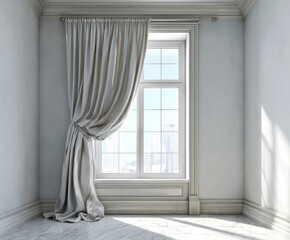 An elegant, light-filled room with light gray drapes and a window overlooking a cityscape.