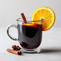 Dark, rich mulled wine in a clear glass mug, garnished with orange slice and cinnamon sticks
