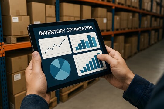 Warehouse worker using a tablet to monitor inventory optimization. 