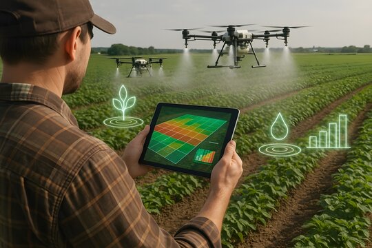 A farmer controlling a drone in a field.