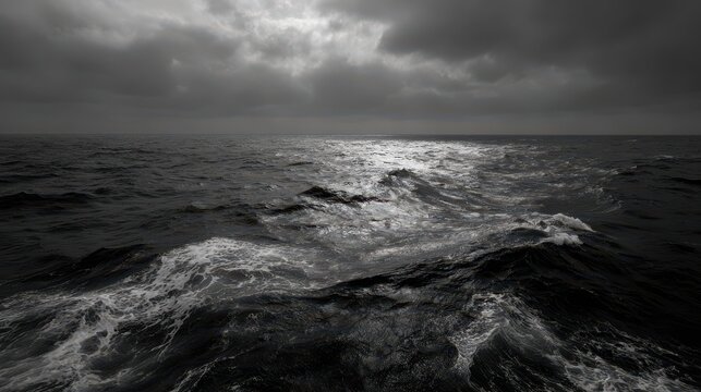 Dramatic black and white image of stormy ocean waves under dark clouds - Powered by Adobe