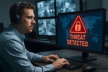 A cybersecurity expert detecting a threat on a computer. 