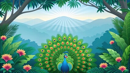 Vibrant lush tropical forest with majestic peacock displaying feathers serene landscape