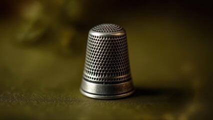 A close-up shot of a silver thimble with a textured surface, sitting on a dark olive-green background. The thimble's details are sharply in focus, contrasting with the blurred backdrop