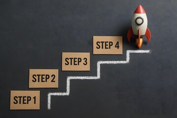 A rocket ready to launch on a staircase representing steps toward success. 