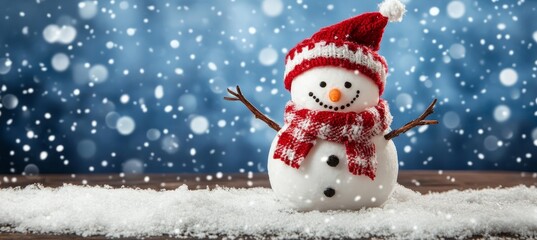 Fototapeta premium Charming Snowman in a Cozy Red and White Knitted Sweater Surrounded by a Winter Wonderland Scene