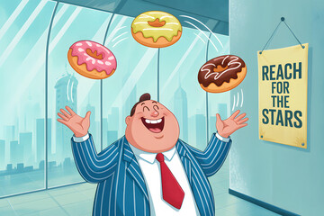 Whimsical Sweet Success: A cheerful and portly man juggling colorful donuts in a dynamic office setting, with a motivational sign Reach for the Stars to embody ambition. 