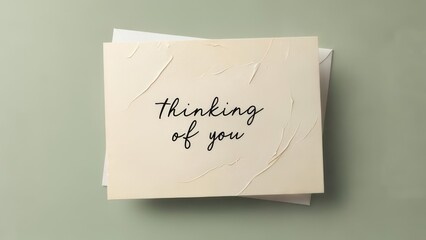 A cream-colored card with "Thinking of you" in elegant script rests atop a white envelope against a sage green background; textured design subtly enhances the card's aesthetic appeal