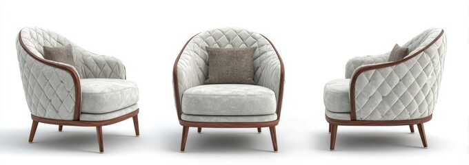 Obraz premium Three views of a light beige quilted armchair with light brown wood legs