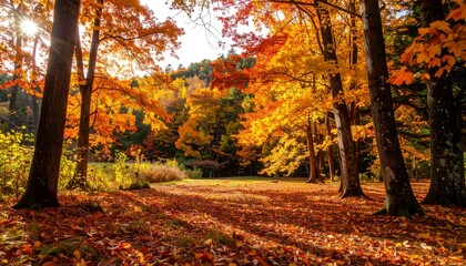Sunlit Autumn Forest with Golden and Red Maple Leaves