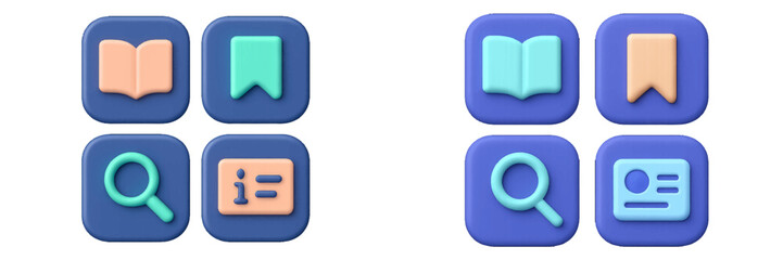 Collection of soft 3D user interface icons featuring book, bookmark, search, and information symbols for digital applications