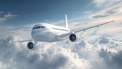 White jetliner soaring above fluffy clouds against a vibrant blue sky