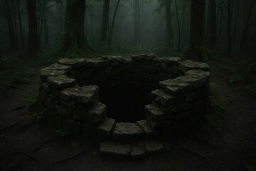 An ancient stone well stands shrouded in an eerie forest, its dark depths hinting at mystery, the misty air enveloping it in a sense of foreboding.