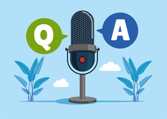 Studio microphone for streaming and gaming. Frequently asked question. Question and answers. Q and A. Working on dialog with question and answer. Flat vector illustration