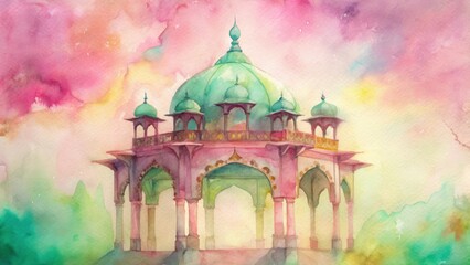 Ornate mughal pavilion with vibrant pink and green hues enchanting architectural beauty