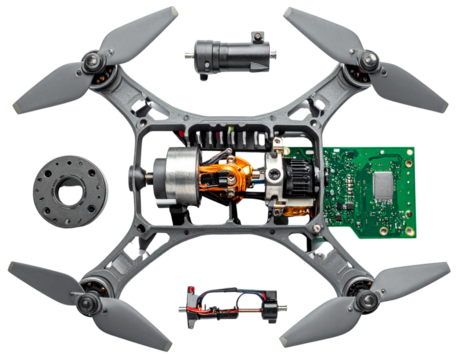  Realistic Deconstructed Drone Components, Internal Parts Layout, Studio Shot, Isolated on White.