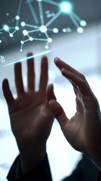 Skilled, clean gender-neutral hands interact with sleek holographic interface, creating glowing data structures in ECU video with soft light, shallow DOF, minimalist background. Concept of advanced
