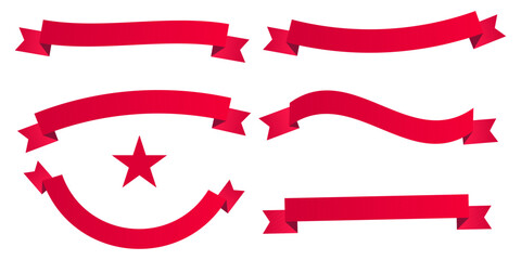 A versatile collection of red ribbon banners and a star, this vector illustration set offers various graphic design elements for decoration