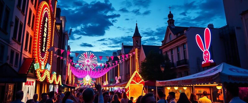 A whimsical city festival at night, featuring rabbit ears as a festive element, radiating joy,  wallpaper,  cityscape