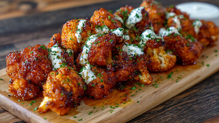 Closeup of crispy saucy chicken bites in a bowl held by hands
