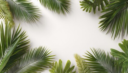 Tropical leaves frame on white background