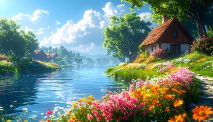 A charming waterside cottage sits amid a vibrant garden brimming with colorful blossoms, reflecting in the calm lake under a blue sky